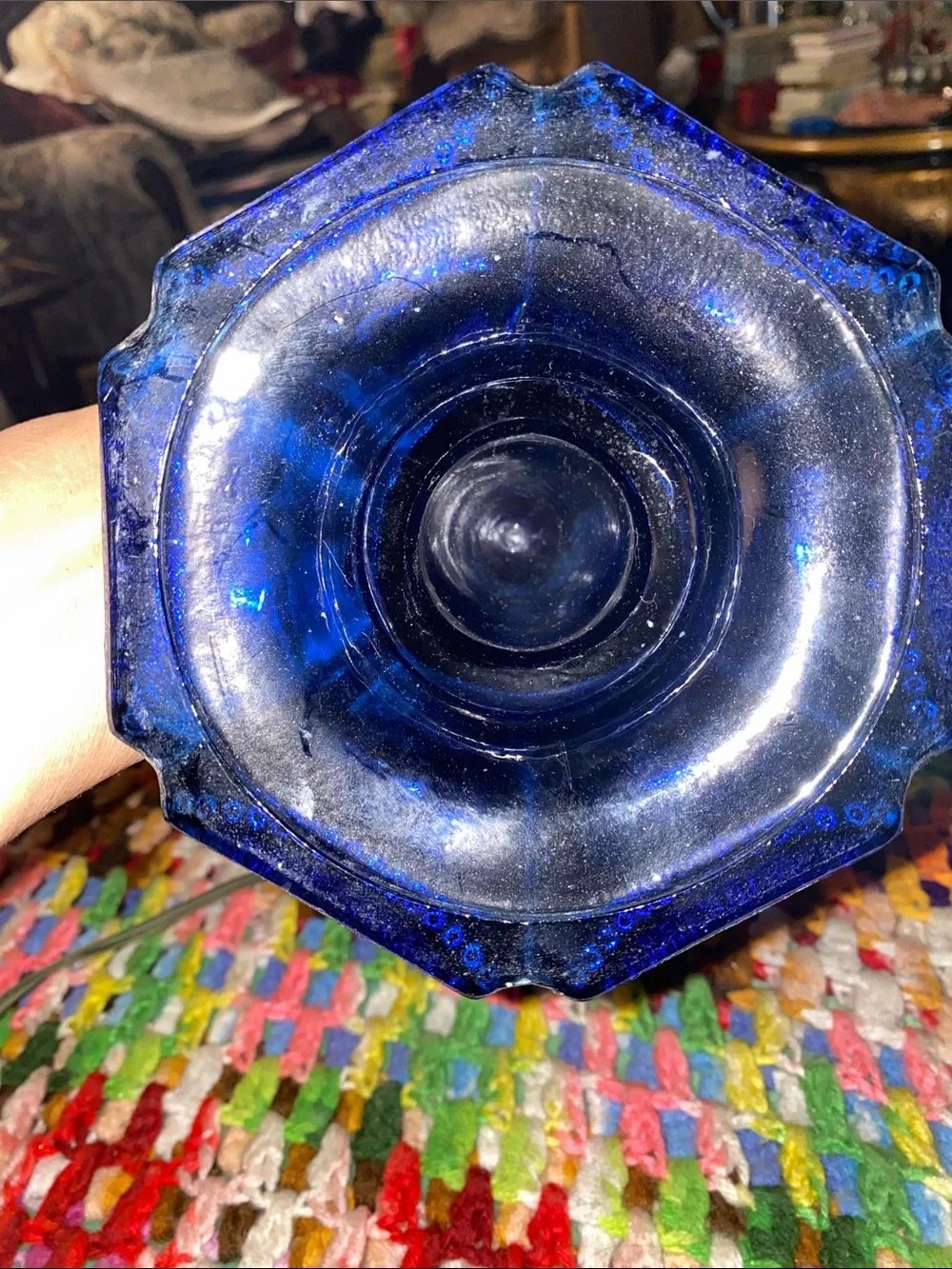Vintage Findlay Queen Of Hearts Blue Glass Electric Oil Lamp clear Glass Chimney